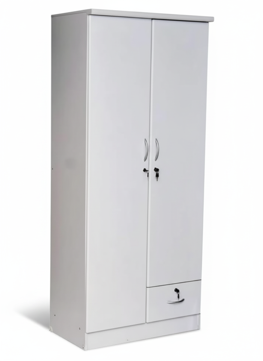 INFINI HOMES 2 Door Wooden Wardrobe UAE - White Engineered Wood 1 Lockable Drawer Modern Dubai Abu Dhabi Sharjah White
