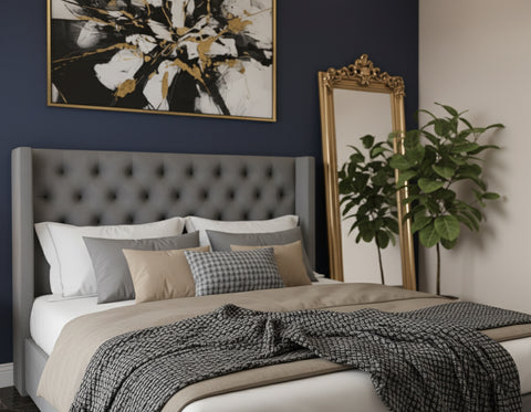 Grey Wooden Bed with Tall Upholstered Headboard 120×200cm | UAE Furniture | Dubai Abu Dhabi Sharjah