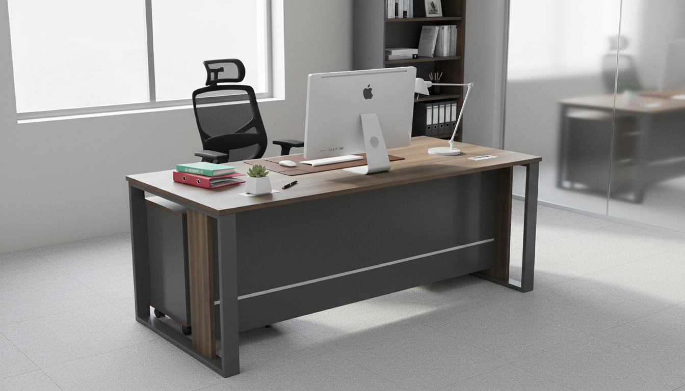 Office Desk 160x80cm with Metal Legs & Pedestal Drawer - Walnut Grey | Dubai UAE