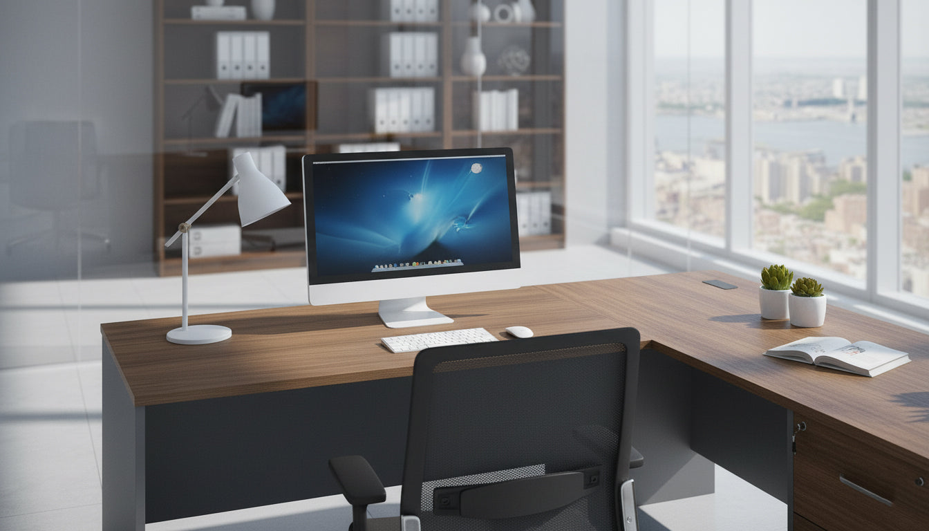 L Shaped Office Desk 140cm - Modern Executive Table with Drawers UAE | Walnut Grey