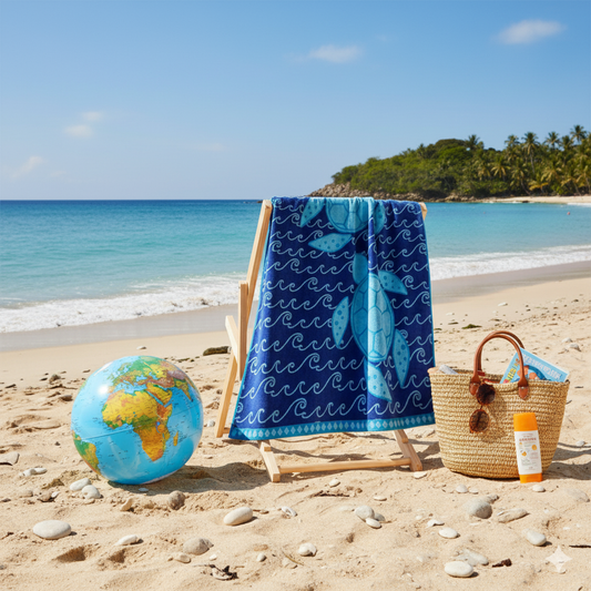منشفة شاطئ بتصميم السلحفاة الإمارات دبي | Turtle Design Beach Towel UAE Dubai | جاكار بحري 86x162سم 390GSM للأطفال والكبار | Marine Jacquard Kids Adults