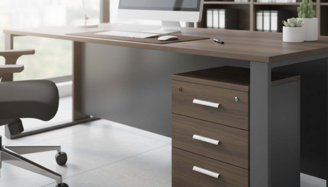 Office Desk with Metal Legs & Pedestal Drawer 180cm - Walnut Grey | Dubai UAE