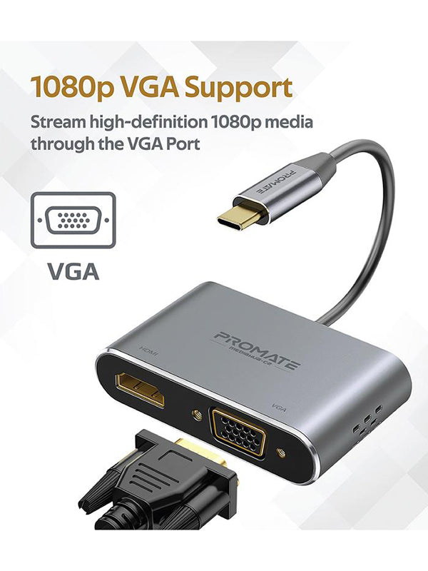 Promate MediaHub C2 USB-C to VGA and HDMI Adapter | UAE Stock - Dubai, Abu Dhabi, Sharjah Delivery