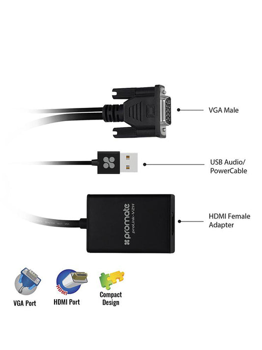 Promate VGA to HDMI Converter Adapter 1080p HD with Audio Support UAE | Dubai, Abu Dhabi, Sharjah, Ajman, Fujairah, RAK, UAQ