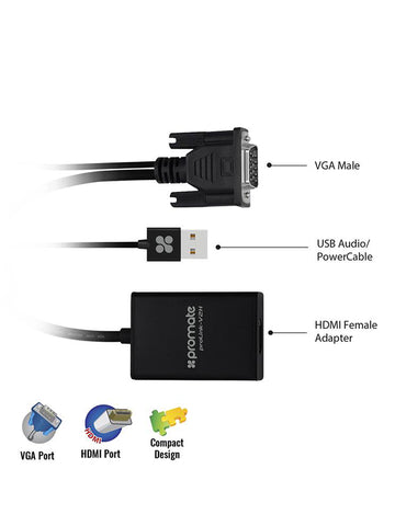Promate VGA to HDMI Converter Adapter 1080p HD with Audio Support UAE | Dubai, Abu Dhabi, Sharjah, Ajman, Fujairah, RAK, UAQ