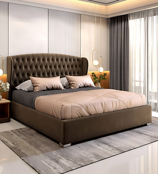 سرير خشبي فاخر مبطن بظهر مجنح مقاس 160×190 سم - توصيل الإمارات | Luxury Wingback Tufted Upholstered Wooden Bed 160×190cm UAE Delivery Dubai Abu Dhabi