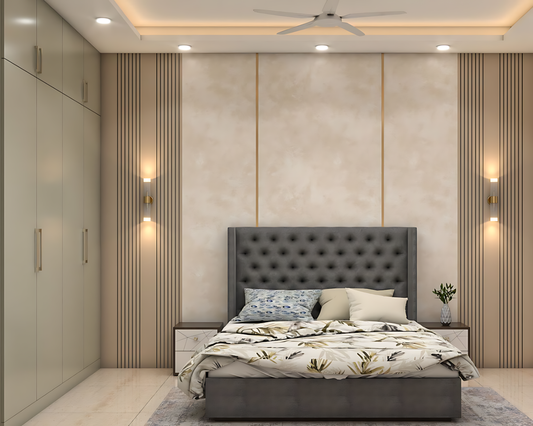 سرير خشبي رمادي عصري بحجم كينغ مع لوح رأس مبطن 180×200 سم | Modern King Size Grey Wooden Bed with Tufted Headboard 180×200 cm | UAE Furniture Store | أثاث الإمارات