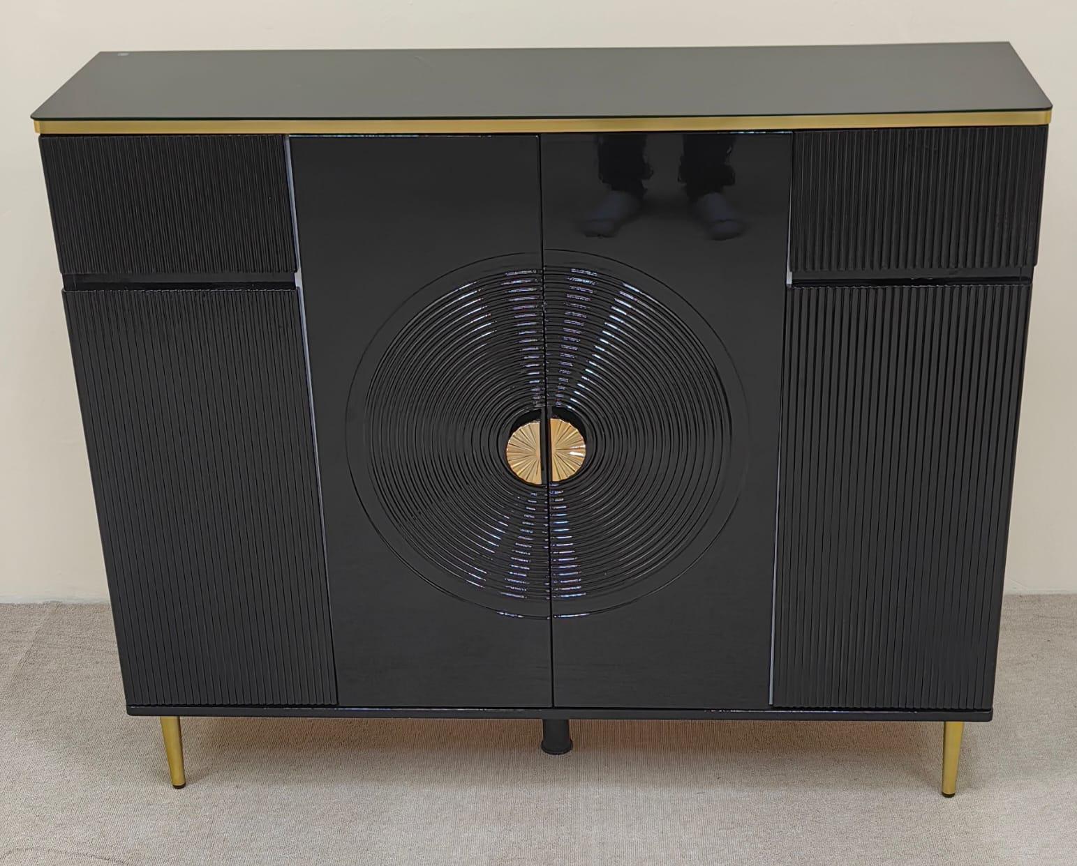 High Gloss Shoe Cabinet with Glass Top | IH S-83 | Black