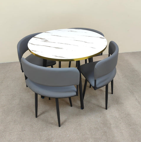 Round White Marble Top Dining Table with Gold Rim and Grey Fabric Chairs - 4 Seater Dining Set UAE