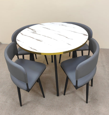 Luxury Round Marble Dining Table Set with Gold Rim and Upholstered Chairs - Premium Home Furniture Dubai