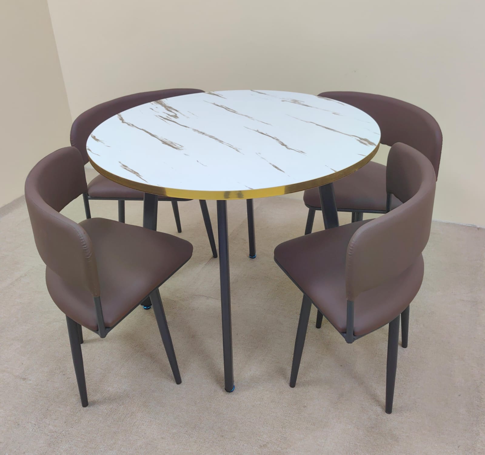 Round Dining Table with White Marble Top Gold Rim and Brown Leather Chairs - Luxury Dining Set UAE