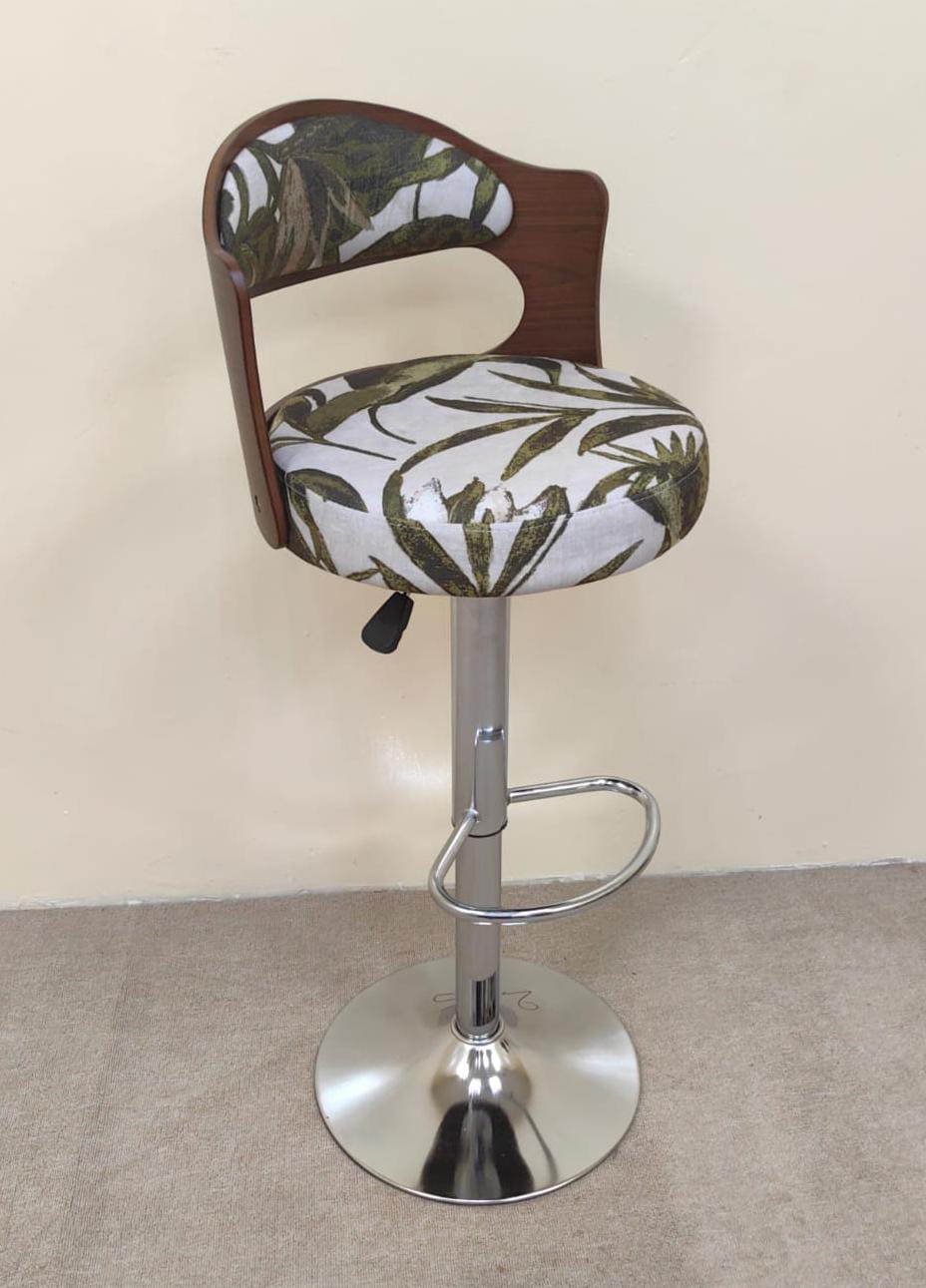 INFINI HOMES Bar Chair IH 245 – Adjustable Height Bar Stool with Tropical Leaf Upholstery and Chrome Pedestal Base, UAE