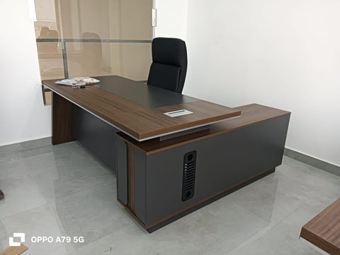 L-Shaped Office Desk 180x160cm with 3 Drawers - Executive Return Table UAE | Walnut Grey