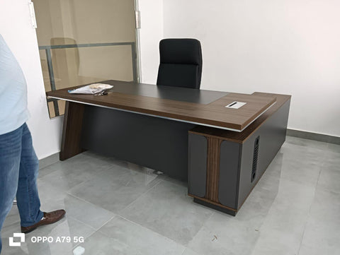 L-Shaped Office Desk 180x160cm with 3 Drawers - Executive Return Table UAE | Walnut Grey