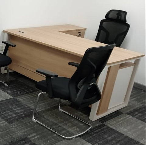 Office Desk with Side Table 180cm - Modern Executive Desk UAE | Oak Finish