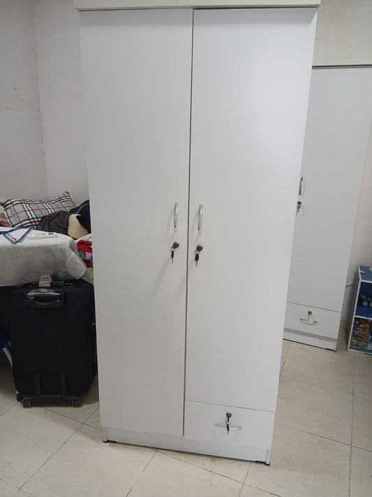 INFINI HOMES 2 Door Wooden Wardrobe UAE - White Engineered Wood 1 Lockable Drawer Modern Dubai Abu Dhabi Sharjah