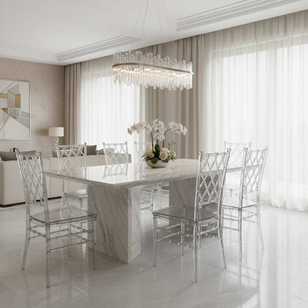 Clear Acrylic Chiavari Dining Chair in Luxury White Marble Dining Room UAE