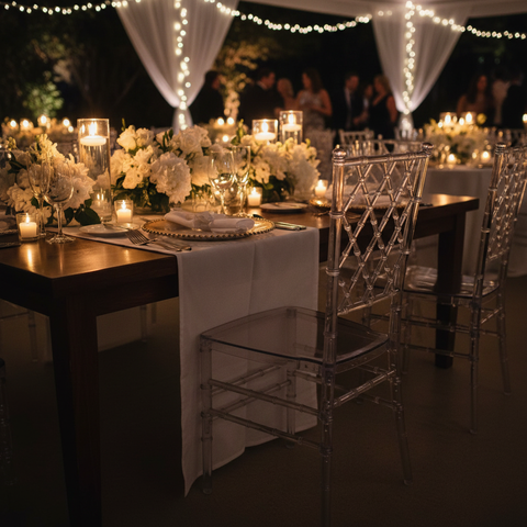 Clear Acrylic Chiavari Chair at Outdoor Wedding Reception Setup Dubai UAE