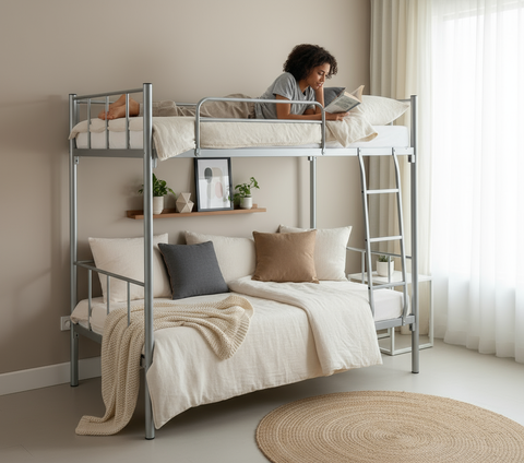 Premium Steel Metal Bunk Bed with mattress 90x190 Dubai UAE | Double Grey Bunk Bed with Mattress & Ladder | INFINI HOMES