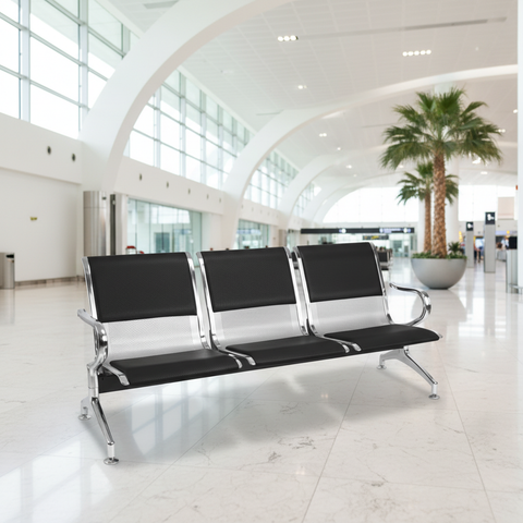 Airport Chair 3-Seater Steel Silver & Black PVC - UAE Delivery