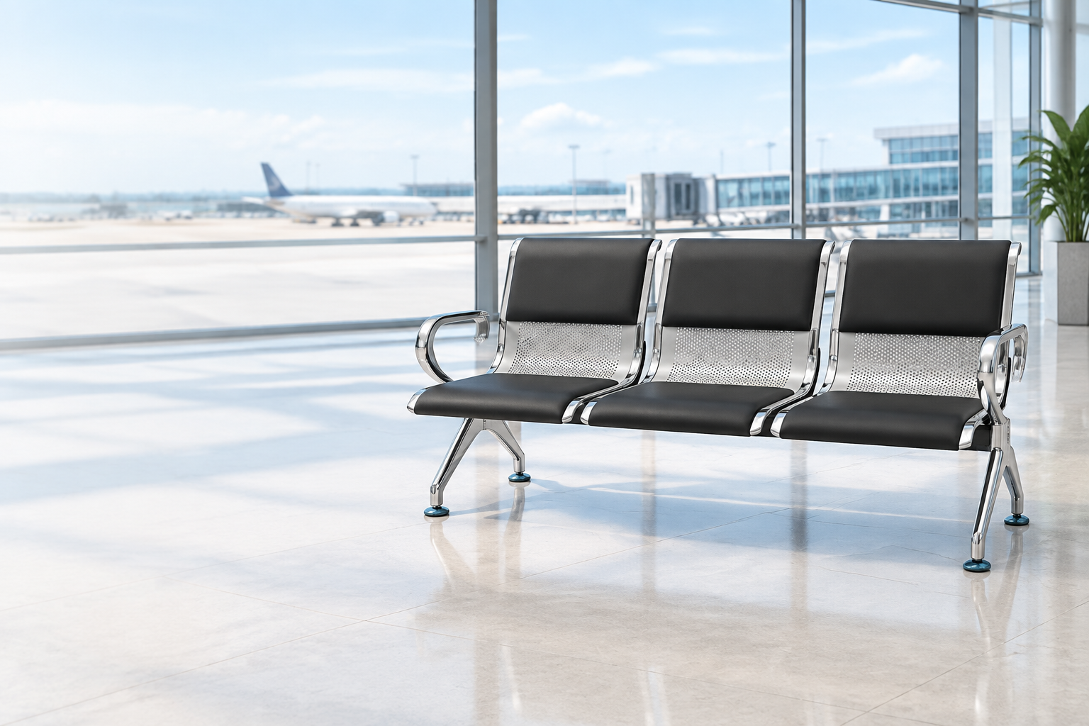 Airport Chair 3-Seater Steel Silver & Black PVC - UAE Delivery