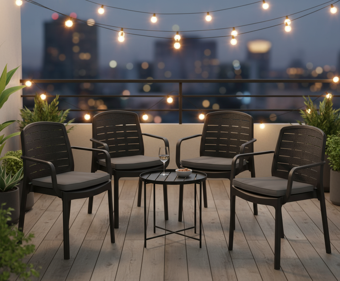 Balcony outdoor seating 4 Cedargrain armchairs UAE home furniture Dubai Abu Dhabi Sharjah