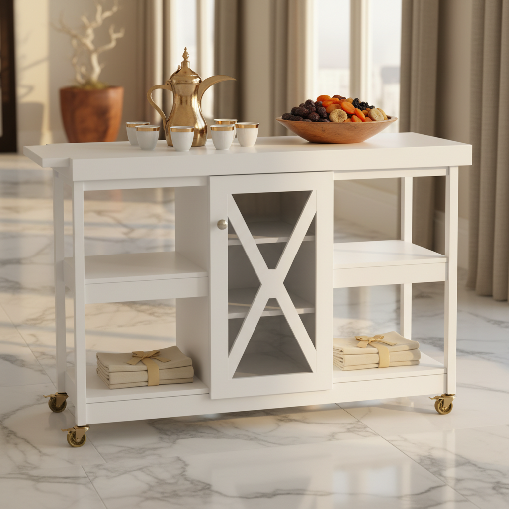 Arabic Gahwa Serving Trolley with Wheels on Marble Floor – Premium Home Furniture UAE