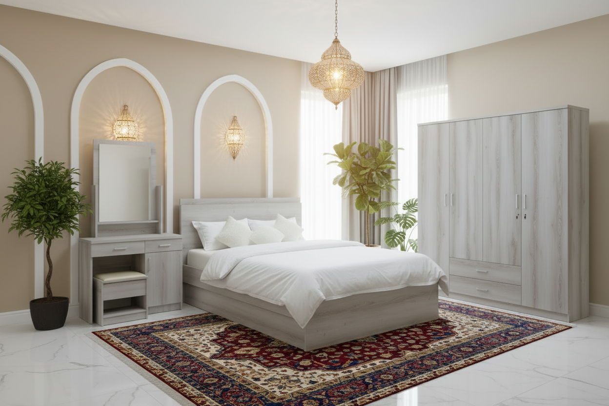 Arabic Style Bedroom Set with Grey Wood Wardrobe & Dressing Table | Luxury Furniture UAE