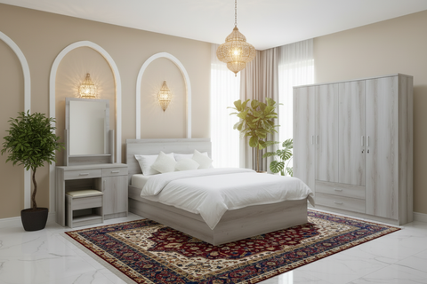 Arabic Style Bedroom Set with Grey Wood Wardrobe & Dressing Table | Luxury Furniture UAE