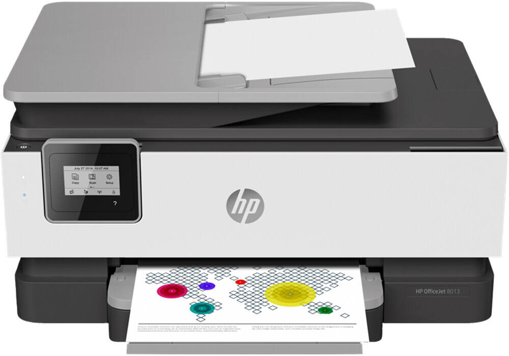 HP OfficeJet 8013 All-in-One Printer front view with automatic document feeder and color print output – buy online UAE