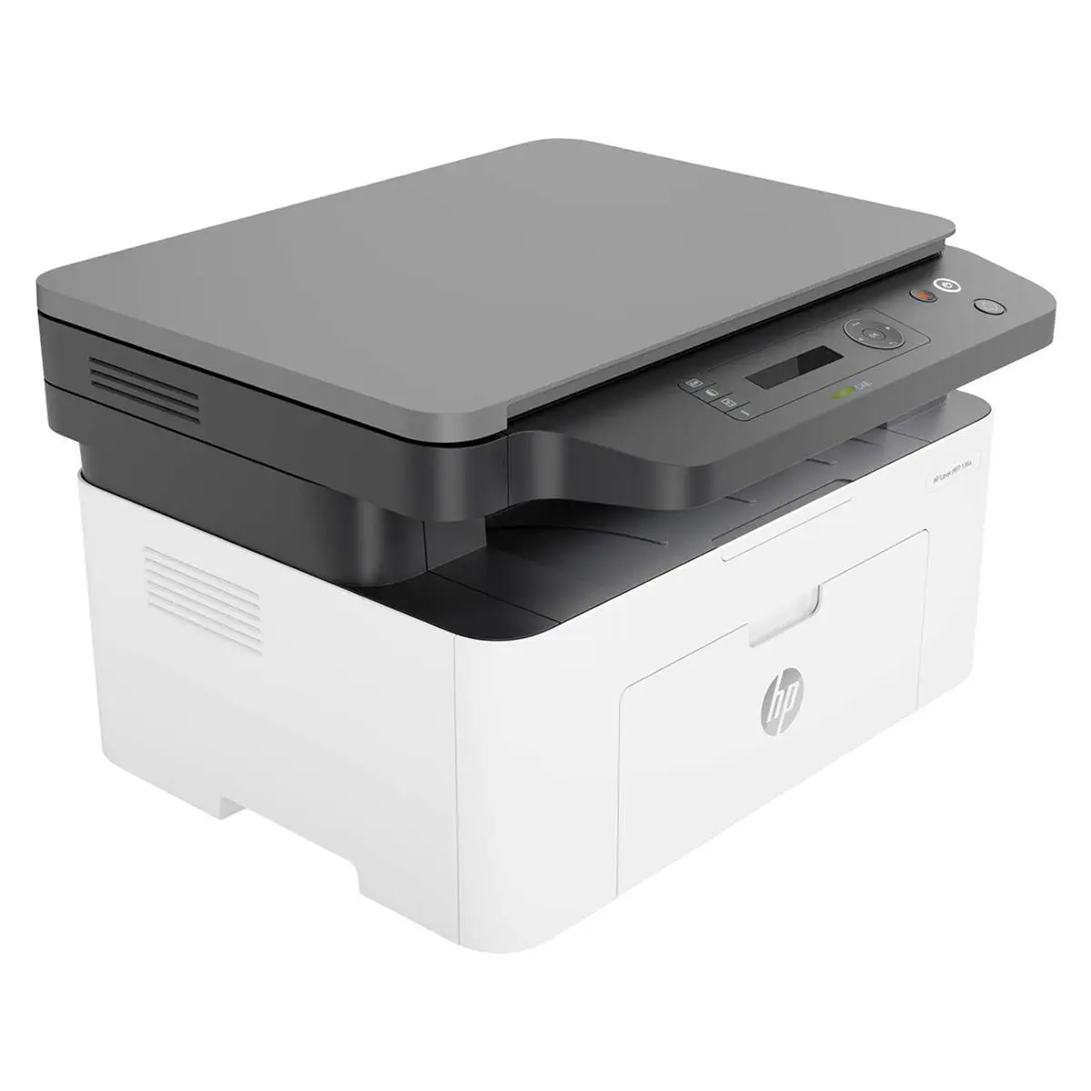 HP LaserJet MFP 136A all-in-one laser printer side angle view showing control panel and flatbed scanner – buy printer UAE