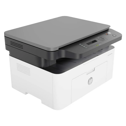 HP LaserJet MFP 136A all-in-one laser printer side angle view showing control panel and flatbed scanner – buy printer UAE