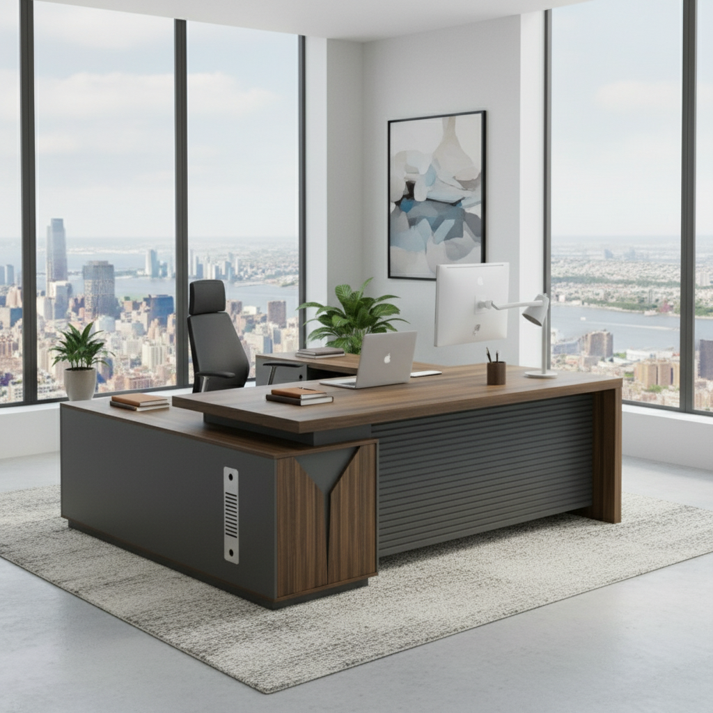 L Shaped Office Desk 180x160cm with Drawers - Walnut Grey | Dubai UAE