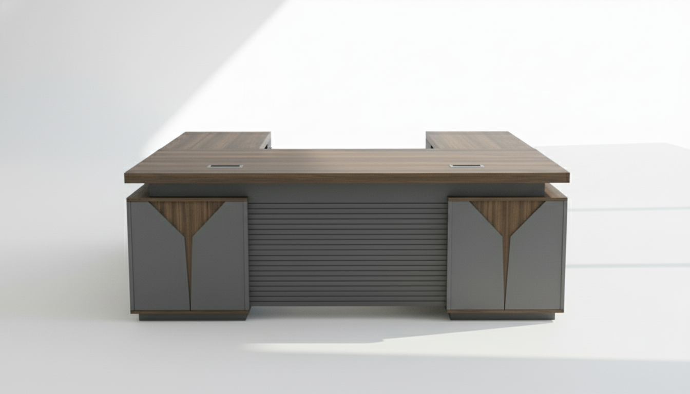 L Shaped Office Desk 180cm with Mobile Drawer - Premium Walnut Grey Executive Table UAE