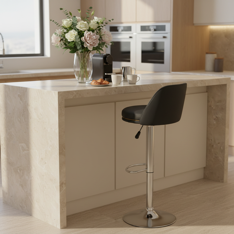 Black PU Bar Chair at Beige Luxury Kitchen Island – Adjustable Height Bar Stool UAE