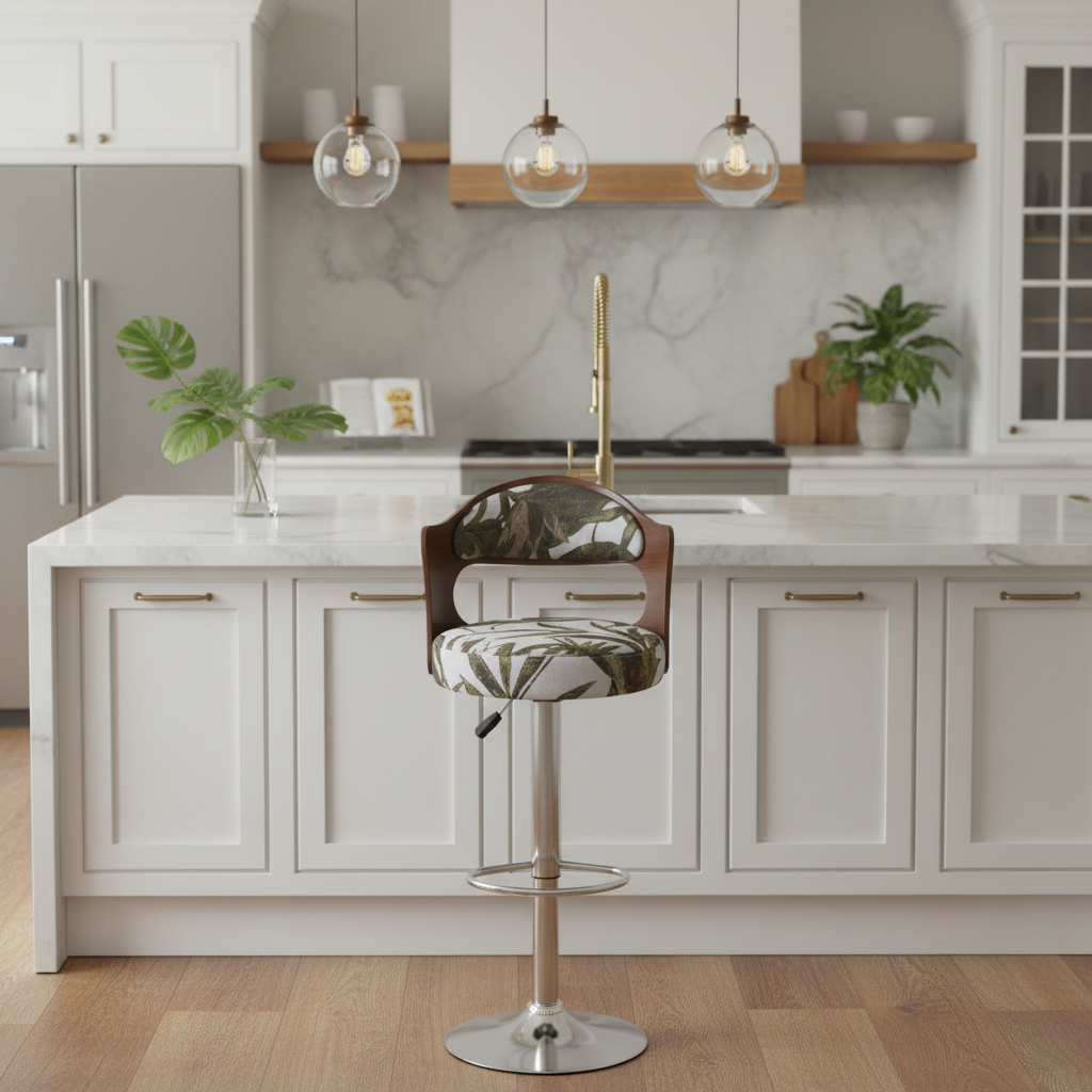 INFINI HOMES Bar Chair IH 245 – Tropical Print Counter Stool in Luxury White Kitchen, Bar Seating for UAE Homes
