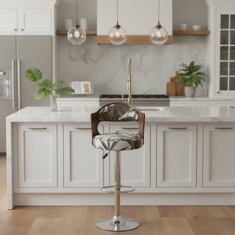 INFINI HOMES Bar Chair IH 245 – Tropical Print Counter Stool in Luxury White Kitchen, Bar Seating for UAE Homes