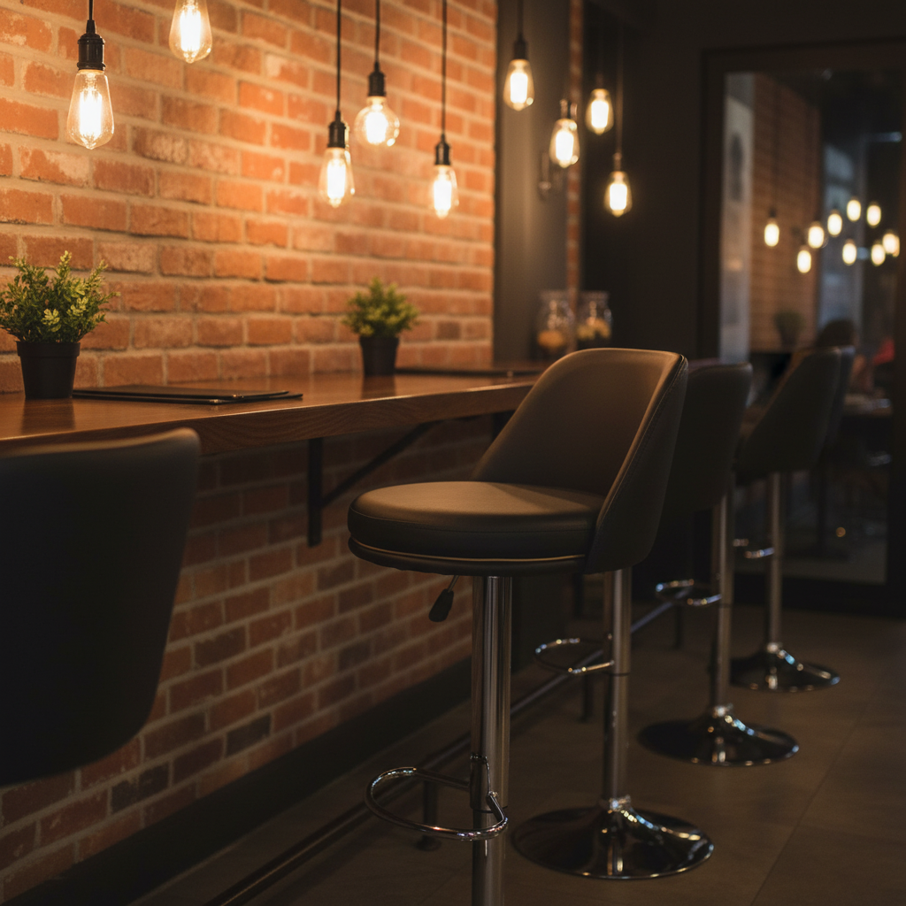 Black Bar Stools in Industrial Restaurant Setting with Edison Lighting – Commercial Bar Chairs UAE