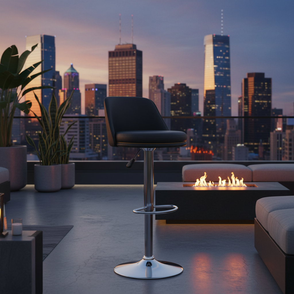 Black PU Bar Stool on Luxury Rooftop Terrace with City Skyline – Outdoor Bar Chair UAE