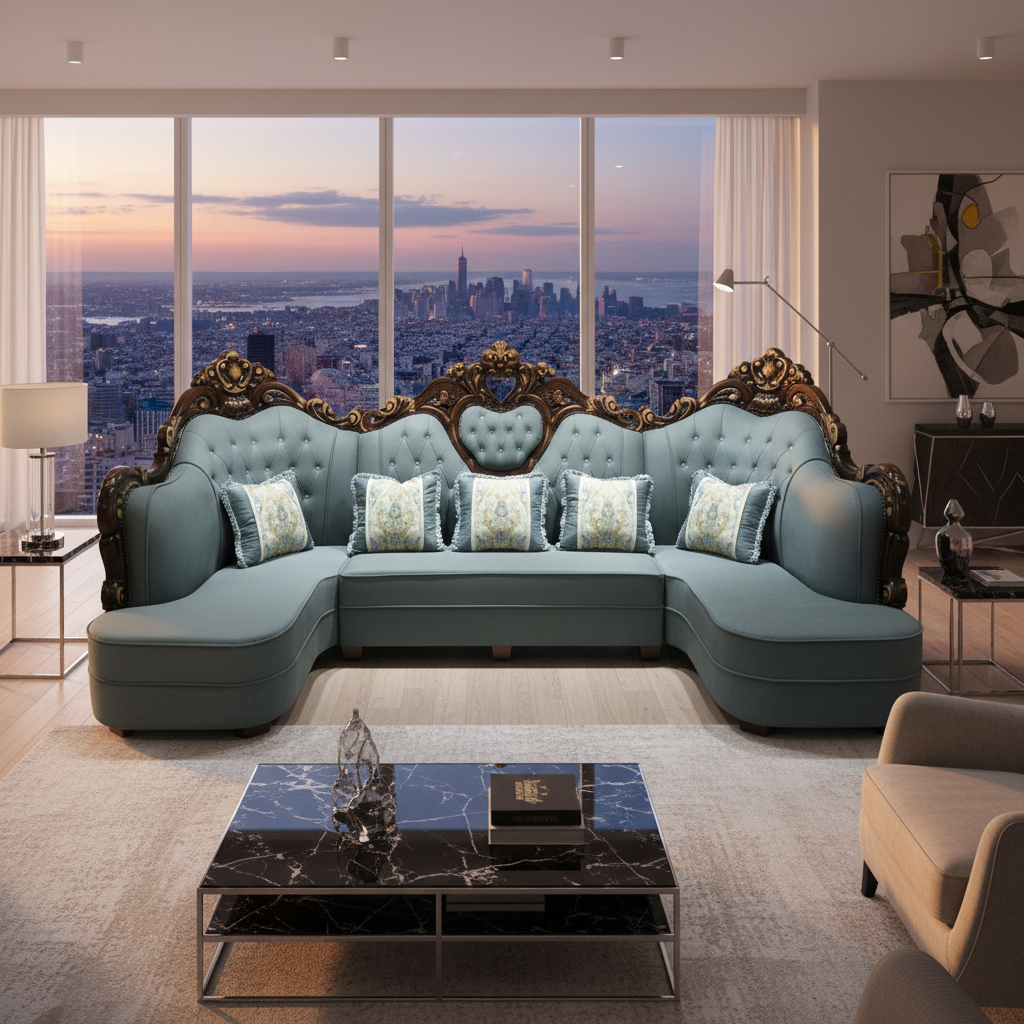 PU Classic Sofa IH 8762 – Light Blue | Premium Living Room Sofa UAE