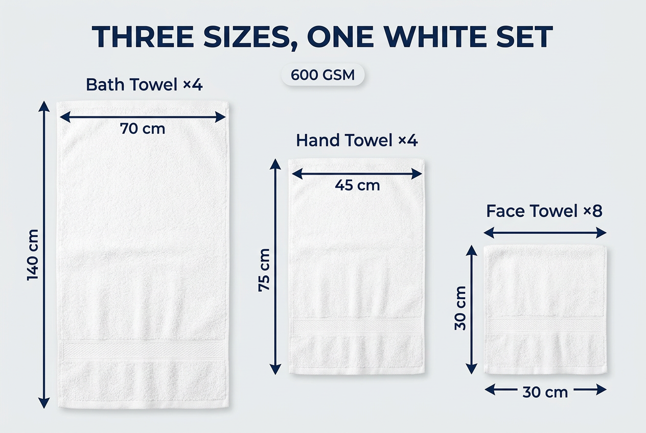 White Towel Set – 16 Pieces | 600 GSM Bath, Hand & Face Towels