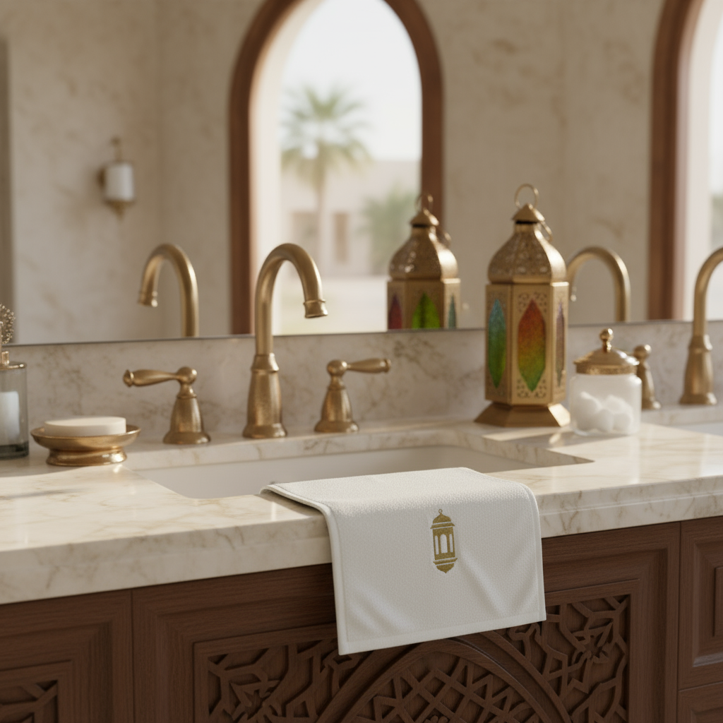 Detailed view of iris embroidered cotton face towel with heritage gold thread design - premium bathroom accessory UAE