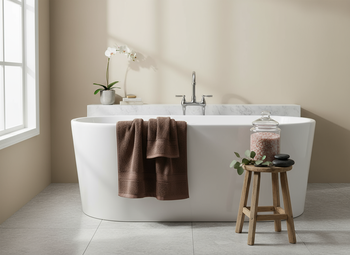 Premium 500 GSM cotton face towels in daffodil brown displayed in luxury bathroom setting Dubai UAE - Hotel spa quality towel set