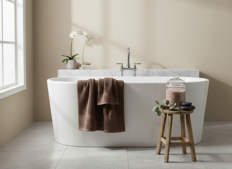 Premium 500 GSM cotton face towels in daffodil brown displayed in luxury bathroom setting Dubai UAE - Hotel spa quality towel set