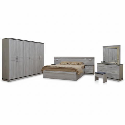 Complete Grey Bedroom Set – Bed, Wardrobe, Dresser, Mirror & Stool on White Background | Delivery Across UAE