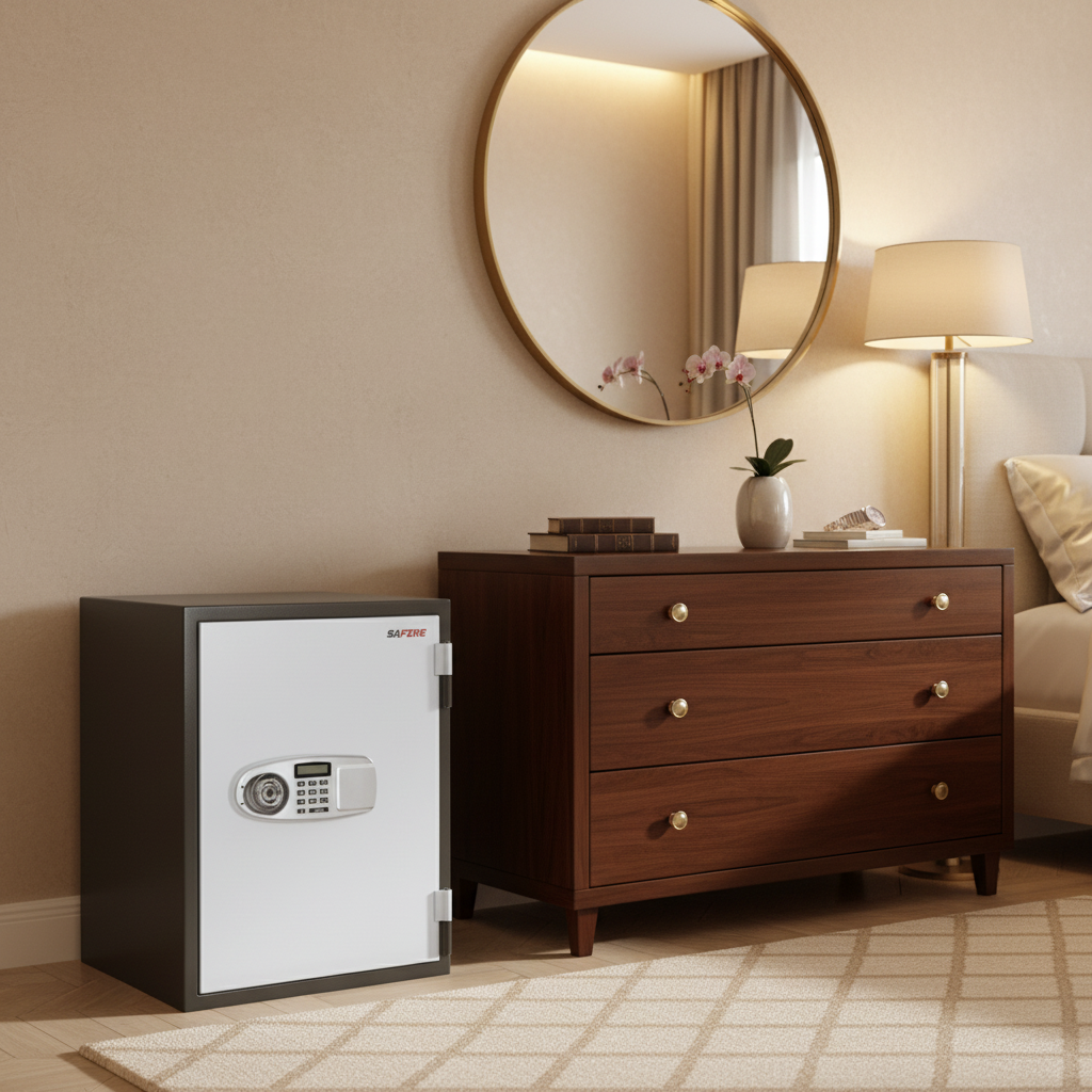 SAFIRE FR 40 Fire Resistant Safe placed in luxury UAE bedroom next to wooden dresser – Digital & Key Lock Home Safe | INFINI HOMES