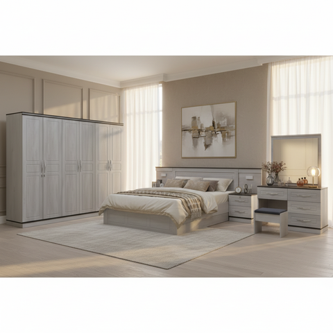 Elegant Grey Bedroom Set in Warm Neutral Interior – Wardrobe, Bed, Dresser & Mirror | Delivery Across UAE