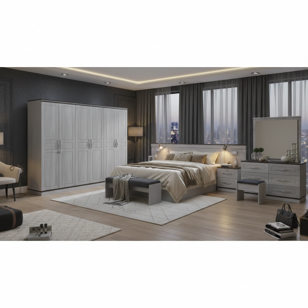 Premium Grey Bedroom Furniture Set with City View – Wardrobe, Bed, Dresser & Bench | Dubai & UAE Delivery