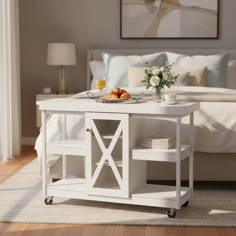 White Wooden Tea Trolley with Wheels in Bedroom – Buy Tea Trolley Online UAE | INFINI HOMES