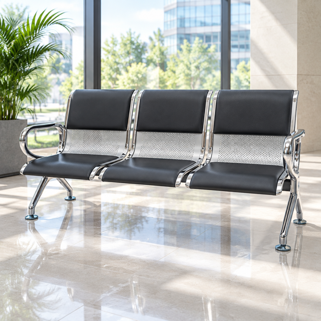 Airport Chair 3-Seater Steel Silver & Black PVC - UAE Delivery